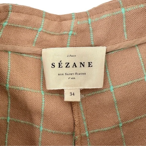 SÉZANE Arthus Brown White Green Plaid Belted High Rise Embroidered Cotton Shorts - Picture 9 of 11